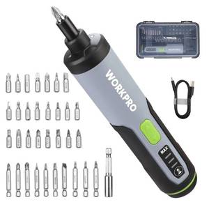 lot 42610 image: WORKPRO 4V Electric Screwdriver, Rechargeable Cordless Screwdriver Set with 35 Bits, Extension Rod, USB Charging Cable in Carrying Case, LED Light, Black Gray