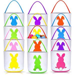 lot 42614 image: Jexine 12 Pcs Easter Bunny Basket Bags Bulk for Kids Gift Bucket Easter Eggs Hunt Basket with Handle Bunny Tote Bag Carry Bucket Rabbit Fluffy Tails Bags for Easter Party Decorations (Cute Style)