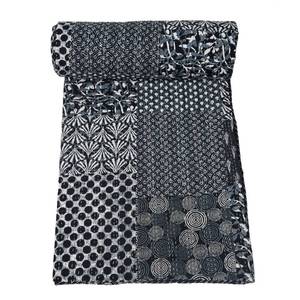 lot 42619 image: Marubhumi Indian Handmade Pure Cotton Kantha Quilt Throw Blanket Bespread (Black, Queen (90x 108))
