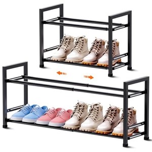 lot 42622 image: Bumusty 2-Tier Expandable Shoe Rack for Closet, 18-33 Adjustable Shoe Rack for Small Space, Small Shoe Organizer for Front Door, Sturdy Metal, Black