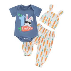 lot 42645 image: Lamuusaa Newborn Infant Baby Boy Easter Outfit Short Sleeve Bunny Romper Long Pants with Rabbit Hat Summer Clothes (Blue, 3-6 Months)