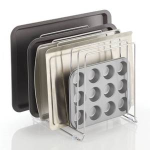 lot 42649 image: mDesign Large Metal Wire Organizer Rack for Kitchen Cabinet, Pantry, Shelves - Holder with 8 Slots for Baking Sheets, Skillets, Frying Pans, Pots, Lids, Cutting Boards, or Appliances - Chrome