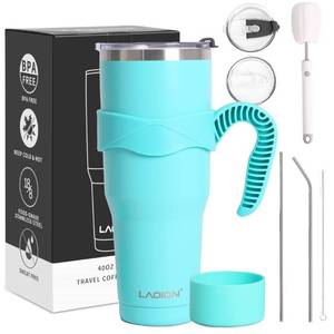 lot 42656 image: LAOION 40 oz Tumbler with Handle, Stainless Steel Double Wall Vacuum Insulated Leakproof Travel Coffee Mug with Lids and Straws, Thermal Cup with Bottle Cleaning Tools, for Home, Party(Gloss Teal)