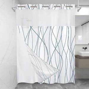 lot 42663 image: LXBNI No Hook Navy Blue Striped Stall Shower Curtain with Snap in Fabric Liner Set - Hotel Shower Curtain and Liner Set with See Through Mesh Top Window,Machine Washable, 54x80 INCH
