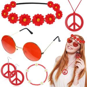 lot 42673 image: 6 Pcs Hippie Costume Accessories Set, Boho Peace Sign Daisy Flower 60s 70s Party Favors Decorations for Groovy Party Girls (Red)