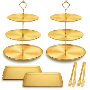 lot 42682 image: 6PCS Gold Cupcake Stand Set, Stainless Steel Dessert Table Display Set, 2PCS 3-Tier Cake Stand, 2PCS Rectangle Serving Tray with Gold Serving Tongs, Candy Cupcake Tower for Wedding Birthday Party