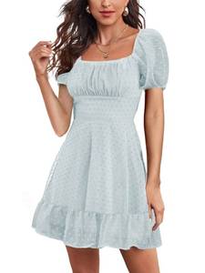 lot 42685 image: LYANER Women Swiss Dots Square Neck Ruffle Hem Short Sleeve Elegant Mini Dress Lilac Medium