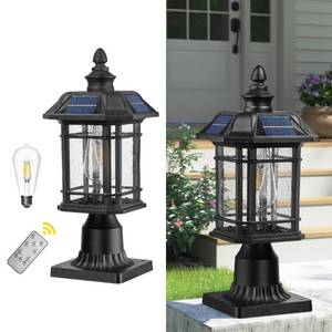 lot 42687 image: Emliviar 16 Inch Outdoor Solar Post Light, Dusk to Dawn Pier Mount Lamp Post Light with Remote Control, Black Finish with Seeded Glass Shade, A2202110P1-SL BK
