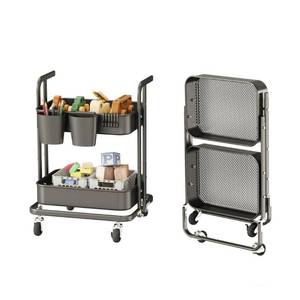lot 42710 image: DTK 2 Tier Foldable Rolling Cart, Metal Utility Cart with Lockable Wheels, Folding Storage Trolley for Living Room, Kitchen, Bathroom, Bedroom and Office, Black