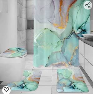 lot 42719 image: Gibelle 4 Pcs Shower Curtain Set with Non-Slip Rugs Toilet Lid Cover and Bath Mat, Green Marble Bathroom Decor Set with Accessories