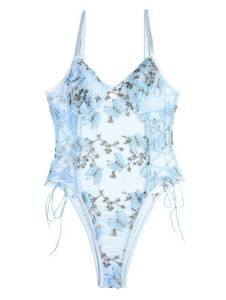 lot 42724 image: Lilosy Women Sexy Lace Up Floral Embroidered Teddy Babydoll Lingerie Bodysuit Top Mesh Sheer One Piece See Through Butterfly Light Blue Small