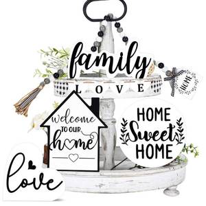 lot 42732 image: 10 Pcs Farmhouse Tiered Tray Decor Farmhouse Home Decor Mini Signs Rustic Tiered Tray Signs Home Wood Sign Cutting Broad House Shaped Table Decor Buffalo Plaid Wooden Farm Fresh Sign (Home Heart