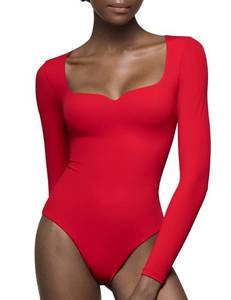 lot 42767 image: PUMIEY Bodysuits for Women Long Sleeve Sweetheart Neck Body Suits T Shirt Tops, Ruby Medium