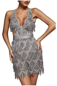 lot 42769 image: LVOW Womens Glitter Sexy Deep V Neck Sequin Beaded Halter Bodycon Mini Nightclub Party Dress (M, Black)