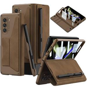 lot 42770 image: DEMCERT for Samsung Galaxy Z Fold 5 Case with Fold5 Edition S-Pen Slot, Military Armor Cases Full Body Protective Anti-Scratch Hard Slim Leather Bracket Case with Screen Protector (Brown)