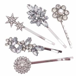 lot 42789 image: 5-Pack Vintage Crystal Decorative Bobby Pins Hair Accessories Silver Tone Women