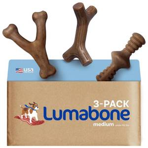 lot 42796 image: Lumabone Real Bacon Medium 2 Pack Durable Dog Chew Toys for Aggressive Chewers, Made in USA �� Wishbone, Zaggler, Stick