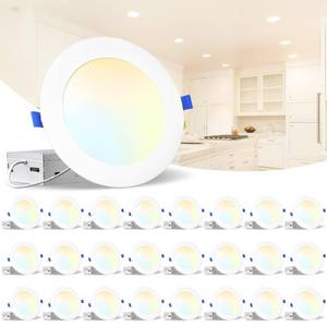 lot 45778 image: $$ LEDIARY 24 Pack 6 Inch 5CCT Ultra-Thin LED Recessed Ceiling Light with Junction Box, 2700K-6000K Selectable, 12W Eqv 110W, 1100LM Brightness, Dimmable Canless Wafer Downlight - IC Rated, ETL. Retail $150