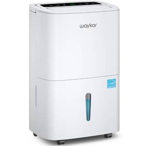 lot 45783 image: $$ Waykar 80 Pints Energy Star Home Dehumidifier for Spaces up to 5,000 Sq. Ft at Home, in Basements and Large Rooms with Drain Hose, Handle, Auto Defrost and Self-Drying. Retail $240