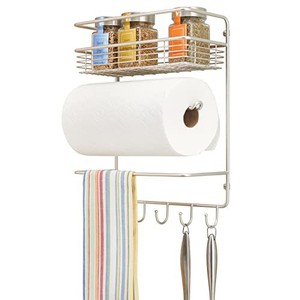 lot 45793 image: mDesign Metal Wall Mount Paper Towel Holder with Storage Shelf and Hooks for Kitchen, Pantry, Laundry, Garage Organization - Holds Spices, Seasonings, Pot Holders, Cookware - Satin
