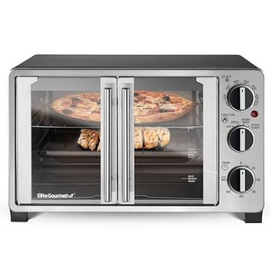 lot 45839 image: Elite Gourmet ETO2530M Double French Door Countertop Toaster Oven, Bake, Broil, Toast, Keep Warm, Fits 12 pizza, 25L capacity, Stainless Steel & Black