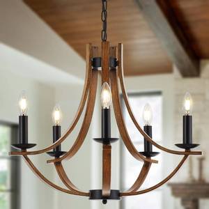lot 45879 image: Widluth Farmhouse 5-Lights Wooden Chandelier Modern 22 Vintage Candle Style Chandelier with Wood Finish Industrial Retro Rustic Black Chandelier for Dining Room, Kitchen Island, Living Room, E12