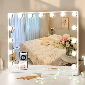lot 45882 image: COOLJEEN Hollywood Lighted Vanity Mirror with Bluetooth, USB Charging, 15 Dimmable LEDs, 3 Color Lighting - Touch Control