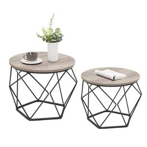 lot 45885 image: VASAGLE Small Coffee Table Set of 2, Round Coffee Table with Steel Frame, Side End Table for Living Room, Bedroom, Office, Greige and Black