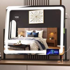 lot 45886 image: Hasipu Vanity Mirror with Lights, 24.2 x 18.9 LED Make up Mirror, Light up Mirror with 10X Magnification and USB Charging Port, Phone Holder, Smart Touch 3 Colors Dimmable, 360° Rotation (Black)