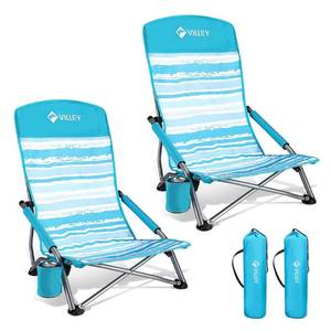 lot 45895 image: VILLEY Low Beach Chairs for Adults 2 Pack, High Back Folding Beach Chairs, Lightweight and Portable for Outdoor, Beach, Camping, Lawn, Music Festival, with Cup Holder and Carry Bag-Blue Stripes