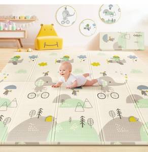 lot 45913 image: 79x71x0.6 Extra Large Waterproof Foldable Baby Floor Play Mat, XPE Foam Playmat for Infants Babies from Newborns to Toddlers, Crawl Walk, Reversible & Portable Elephant Track Pattern