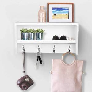 lot 45924 image: AHDECOR White Wall Mounted Entryway Shelf with Coat Hooks, Wooden Wall Organizer Coat Rack, Storage Hooks