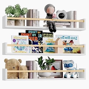 lot 45933 image: Fixwal Nursery Book Shelves, 23.6 Inch Floating Bookshelves for Wall Set of 3, Baby Nursery Decor, Solid Wood Wall Mounted Shelves for Books, Toys and Decor Storage (White and Natural Wood)