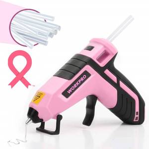lot 68772 image: WORKPRO Cordless Hot Melt Glue Gun, Rechargeable Fast Preheating Mini Glue Gun Kit with 20 Pc Premium Glue Stick, Automatic-Power-Off Glue Gun for Art, Crafts, Decorations, Fast Repairs, Pink Ribbon