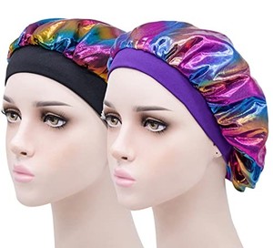 lot 68803 image: Kids Bonnets for Girls Sleeping Bonnets for Kids Curly Hair Satin Sleep Caps for Kids Shower Caps Satin Night Cap for Kids (Colorful Black  Purple)