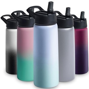 lot 68807 image: FineDine Triple Walled, Insulated Water Bottles with Straw - 25 Oz Stainless Steel Metal Bottle W 3 Leak Proof Lids - For Travel, School, Sports, GymMen, Women & Kids - Powder Steel Blue