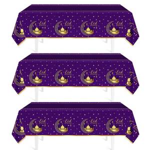 lot 68833 image: Ramadan Decorations for Table, 3 Pack Waterproof Table Cloth, Tablecloths for Rectangle Tables, 54x108 Plastic Ramadan Decor for Eid Wedding Party Baptism Islamic Decor, Purple Eid Decorations