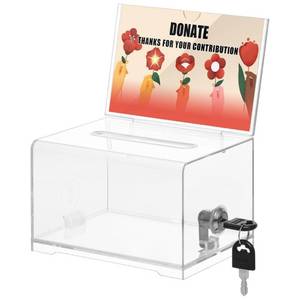 lot 68840 image: KYODOLED Clear Donation Box with Lock,Ballot Box with Sign Holder,Suggestion Box Storage Container for Voting, Raffle Box,Tip Jar 6.2 x 4.6 x 4.0