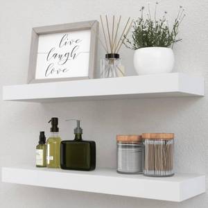 lot 69793 image: Boswillon White Floating Shelves Set of 2, Wall Mounted Small Shelves for Room, Modern Hanging Shelves for Wall Decor, Display Wall Storage Shelves for Living Room, Bedroom, Bathroom, Kitchen - White