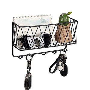 lot 69804 image: OROPY Entryway Mail Holder with Key Hooks, 11.0 Lx2.6 Wx5.1 H, Wall Mounted Matte Black Metal Wire Mesh Storage Basket with 5 Hooks, Easy to Organize Letters, Magazines, Keys, Leashes for Entryway
