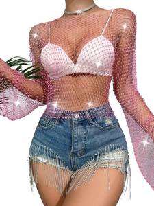 lot 69818 image: ELLEVEN Rhinestone Crystal Crop Top, Long Sleeve Mesh Body Chains See Through Cover up Sparkly Glitter Shirt Party Club Wear Pink One Size