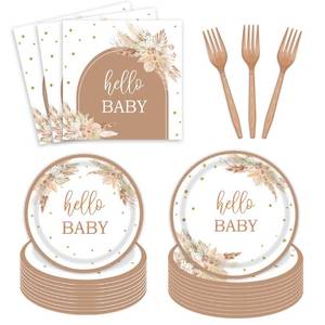 lot 69828 image: 96pcs Boho Baby Shower Party Plates and Napkins Tableware Set for 24 Guests Bohemian Pampas Grass Floral Rainbow Arch Party Dinnerware Supplies Favors Decorations for Hello Baby Events