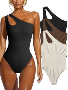 lot 69859 image: OQQ Womens 3 Piece Bodysuits Sexy Ribbed Sleeveless One Shoulder Tank Tops Exercise Bodysuits Black Coffee Beige, Medium