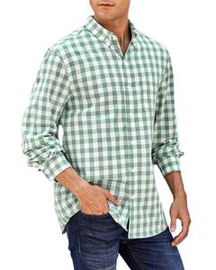 lot 69865 image: Mens Plaid Poplin Shirts Turn-up Collar Button Down Shirts Regular-fit Long Sleeve Tops Green, XXL