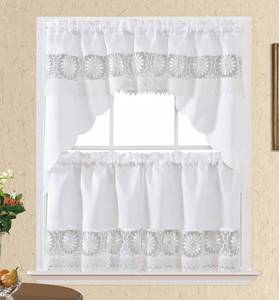 lot 69915 image: GOHD Daisy Dream. Kitchen Cafe Curtain Set for Small Windows. Satin Fabric with Matching Color Daisy Embroidery and Lace. (White, Swag and 24 inches Tiers Set)