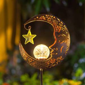 lot 69917 image: Hapjoy Solar Lights Outdoor Decor Moon Lantern for Patio,Lawn or Pathway Moon Decorations Crackle Glass Globe Stake Metal Lights Waterproof Warm LED Garden Gifts (Bronze)