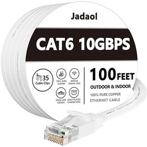lot 69966 image: Cat 6 Ethernet Cable 100 ft, Outdoor&Indoor, 10Gbps Support Cat8 Cat7 Network, long Flat Internet LAN Patch Cord, Cat6 Solid High Speed weatherproof Cable for Router, Modem, PS45, Xbox, Gaming, White