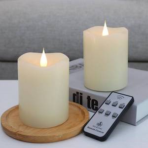 lot 69975 image: TECHLONG Flameless Candles Battery Operated with Remote Timer, 3D Moving Flame Flickering, Last 600 Hours Battery Candles, 3 x 4 Ivory Real Wax Electric LED Candle for Wedding Party, Set of 2
