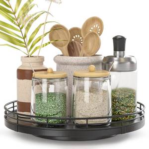 lot 69998 image: 9 Oak Wood Lazy Susan Turntable Organizer, Lazy Susan for Cabinet Dining Table Pantry Wood Rotating Tray for Kitchen Countertop Coffee Table Decor Spinning Spice Can Organization and Storage Black