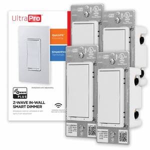 lot 69999 image: UltraPro Z-Wave Smart Light Dimmer with QuickFit & SimpleWire, 3-Way Ready, Works with Alexa, Google Assistant, ZWave Hub Required, RepeaterRange Extender, White Paddle, 4-Pack, Smart Switch, 54898